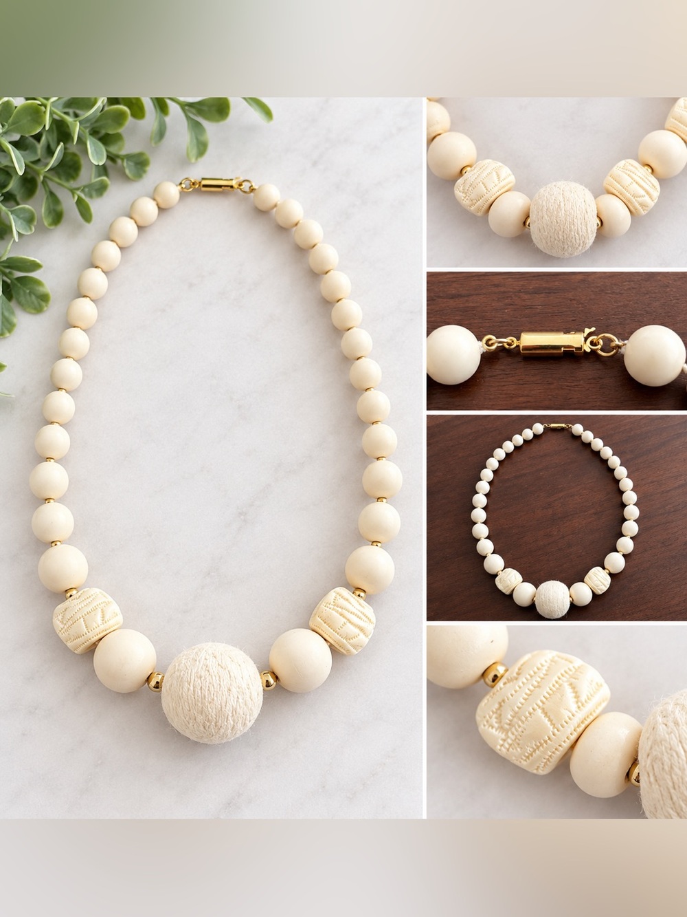 Cream Textured Bead Necklace with Gold Accents - Women Jewelry